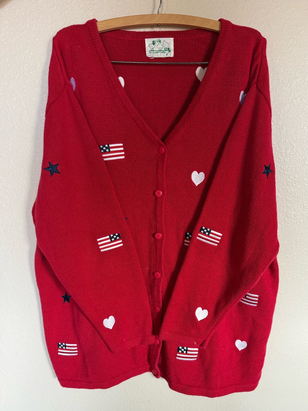 Quacker Factory Red Vintage Americana Embroidered Cardigan Oversized